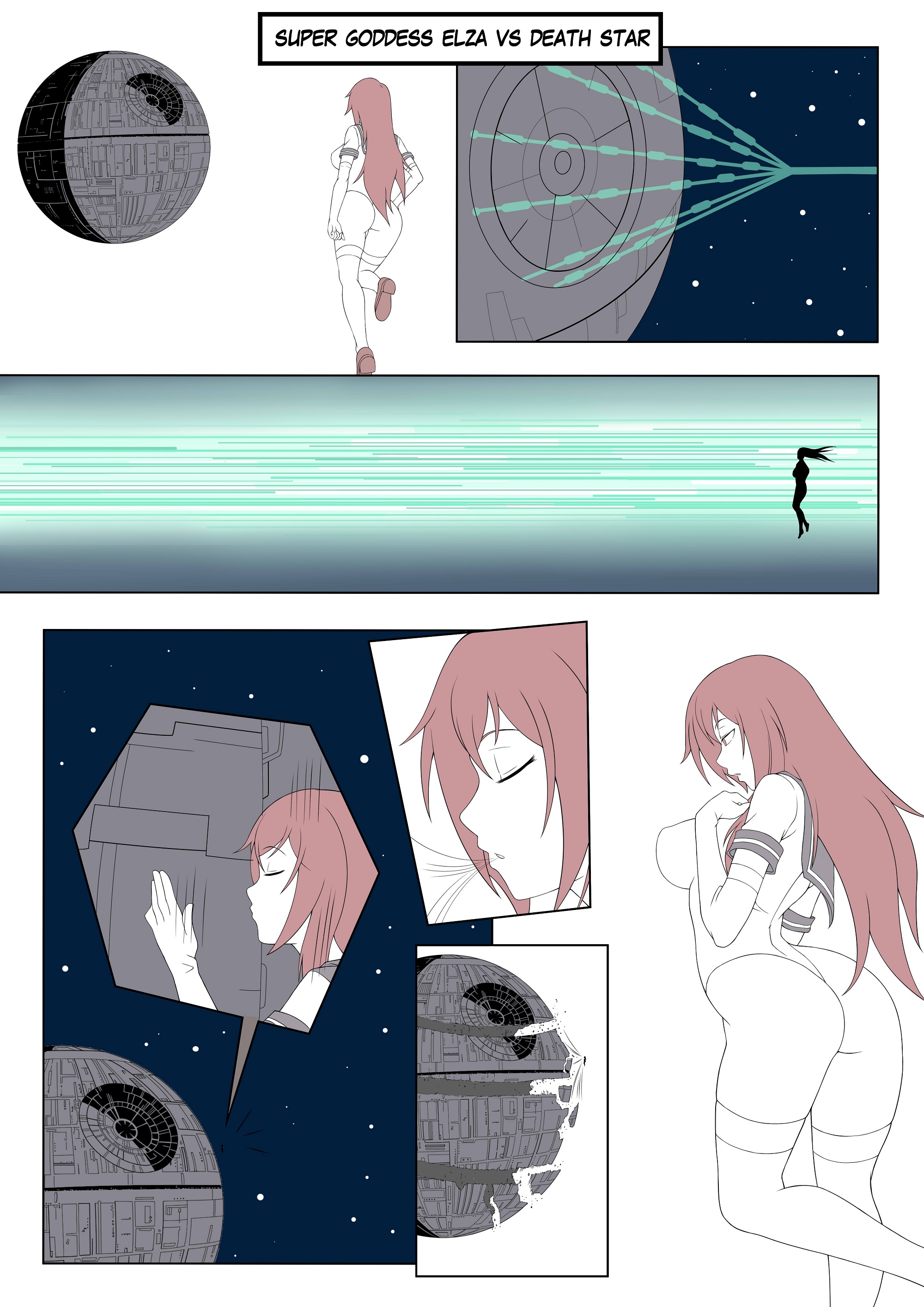 In space, Elza Sabini confronts the Death Star.  Its prime weapon fires: six emerald green superlaser beams converge into one, striking Elza with pinpoint accuracy.  After the planet-busting energy beam fails to even make her flinch, she makes contact with the space station's surface.  Inhaling, she causes the whole station to crumble, swallowing up the whole thing without a hint of discomfort.